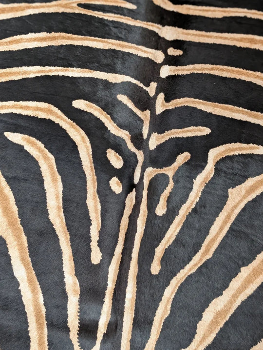 Gorgeous zebra printed cowhide rug by angus oliver with large cowhide and unique black and tan zebra print texture