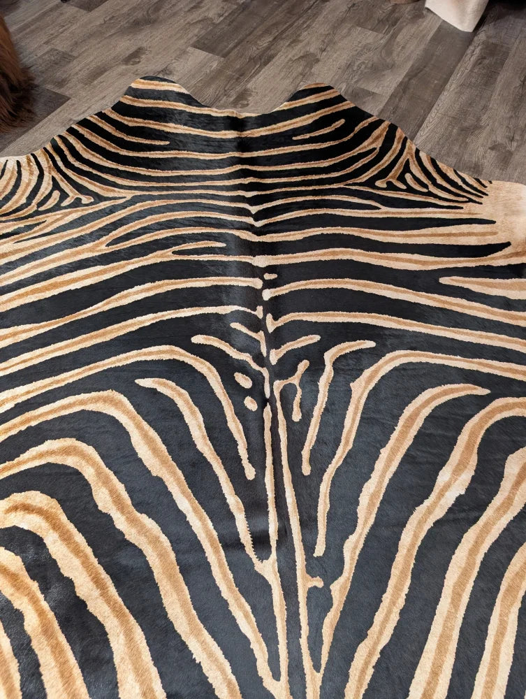 Gorgeous zebra printed large cowhide rug with black and tan zebra print and unique angus oliver characteristics