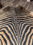 Gorgeous zebra printed large cowhide rug with black and tan zebra print and unique angus oliver characteristics