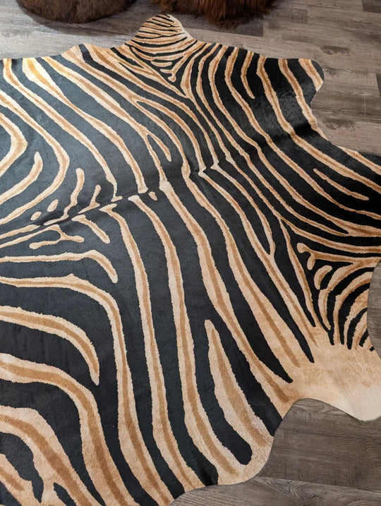Gorgeous zebra printed cowhide angus oliver large cowhide with black and tan zebra print and unique characteristics