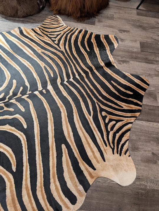 Black and tan zebra print large cowhide rug with unique characteristics by angus oliver perfect for stylish decor